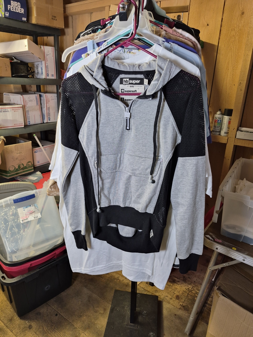 Grey & Black Mesh-Panel Hooded Pullover Bin 56
